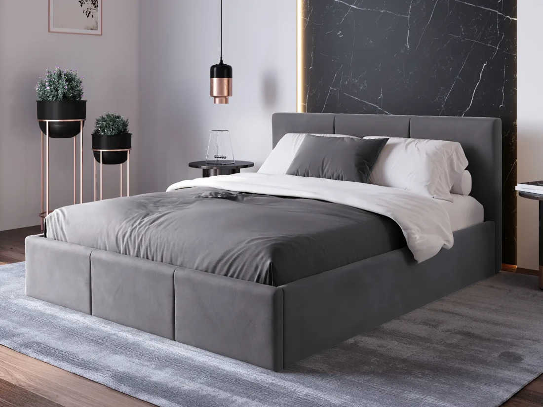 Łóżko tapicerowane z zagłówkiem Top line 7 w rozmiarze 140x200 w tkaninie velvet grafit z otwartym stelażem