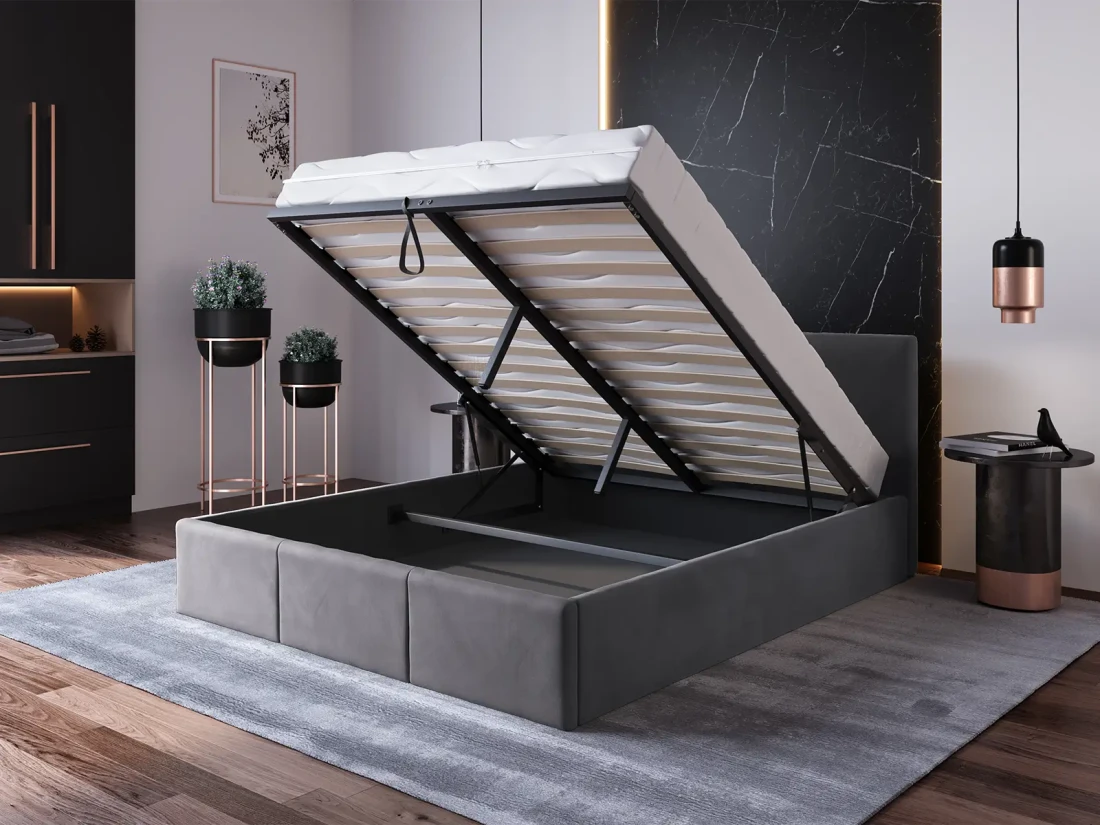 Łóżko tapicerowane z zagłówkiem Top line 7 w rozmiarze 140x200 w tkaninie velvet grafit otwarty stelaż