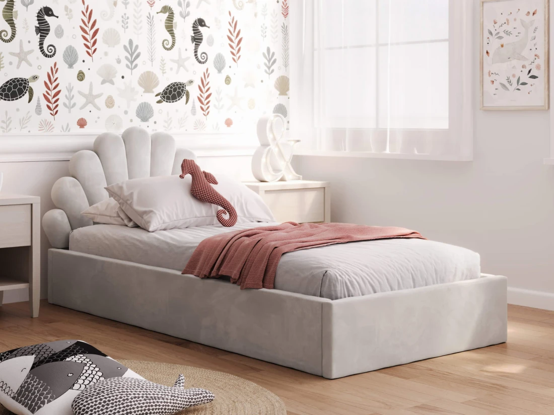 Łóżko dziecięce tapicerowane 90x200 ze stelażem szary Velvet Kids Line 3 Muszelka