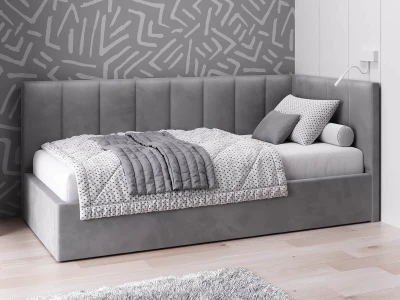 Tapczan jednoosobowy tapicerowany 90x200 z pojemnikiem ze stelażem grafitowy Velvet Tom