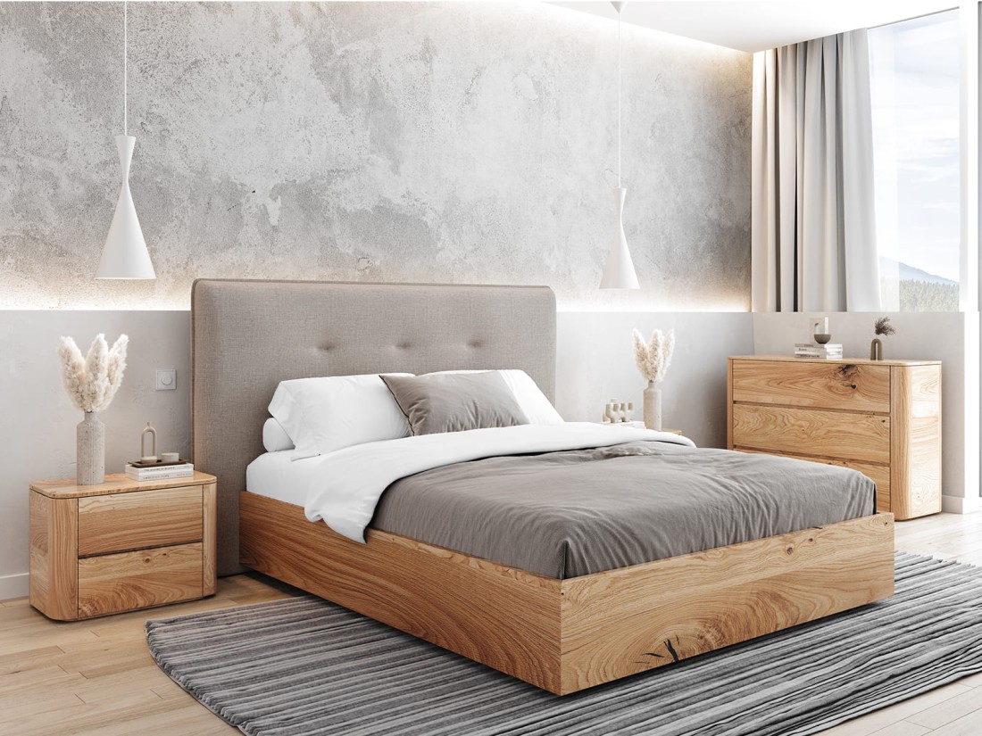 OUTLET- Łóżko dębowe ze stelażem na ramie i pojemnikiem Portofino 180x200 kolor Inari 26