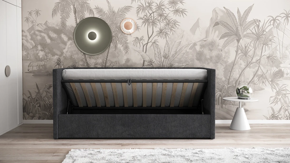 Sofa czarna 90x200 tapicerowana z pojemnikiem na pościel soro100