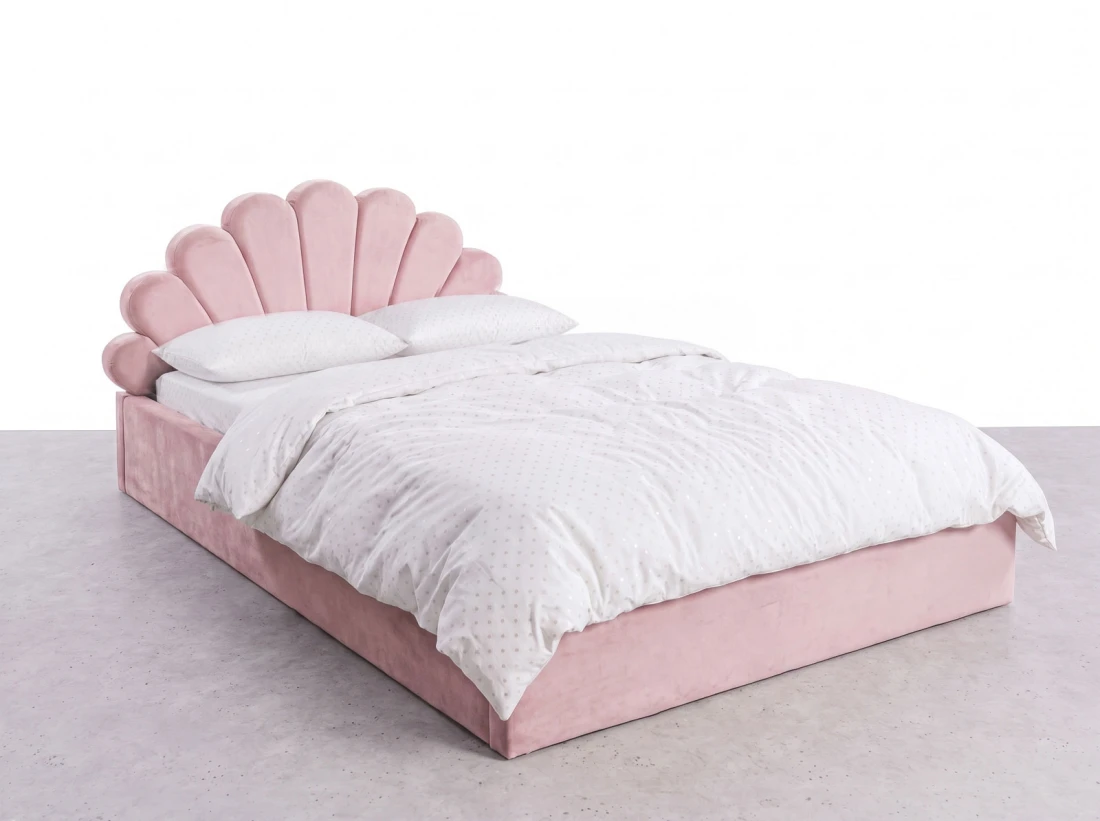 Łóżko dziecięce tapicerowane z pojemnikiem 120x200 ze stelażem różowy Velvet Kids Line 3 Muszelka